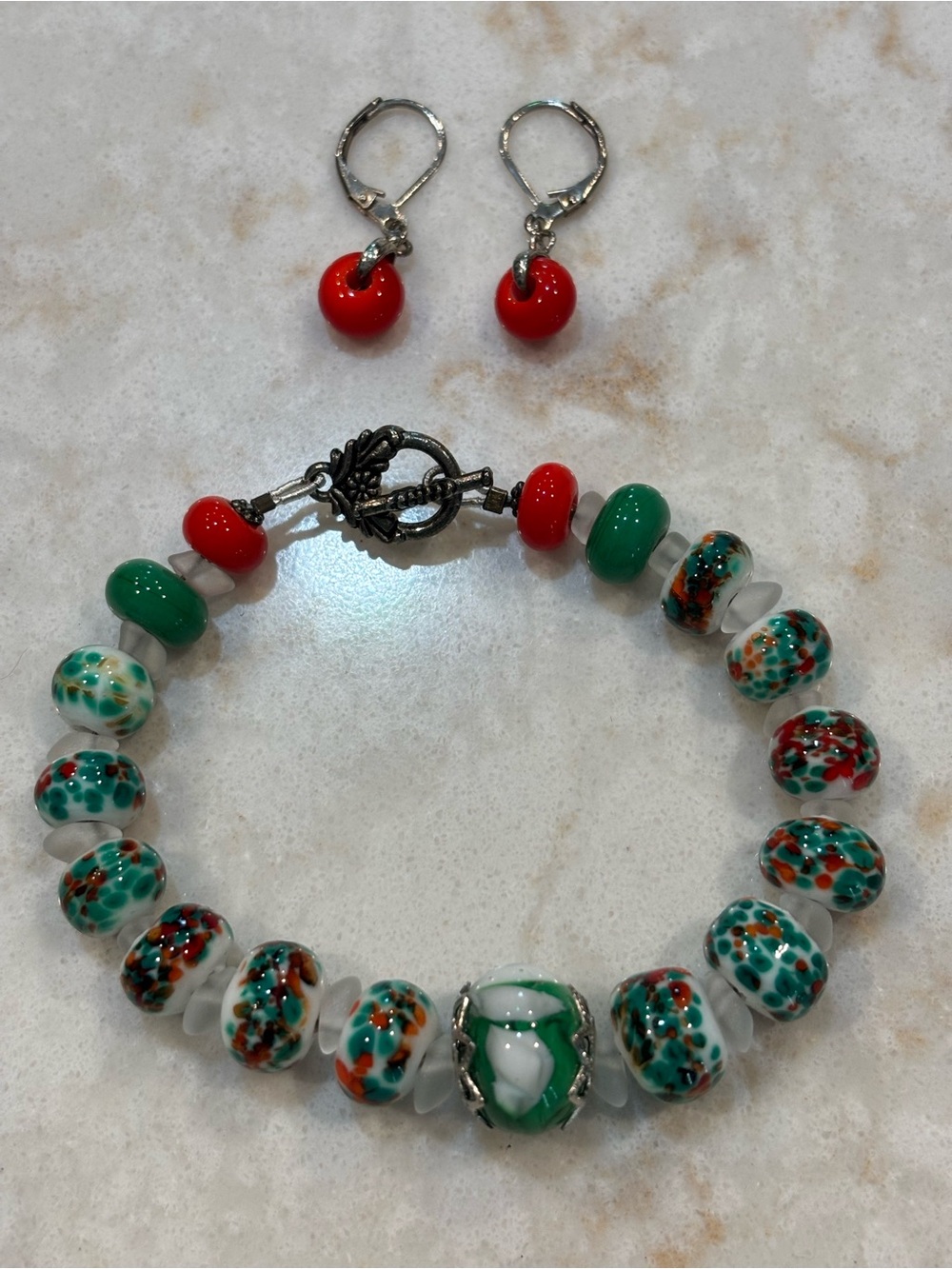 Handcrafted Green & Red Glass Bead Bracelet with Red Drop Earrings